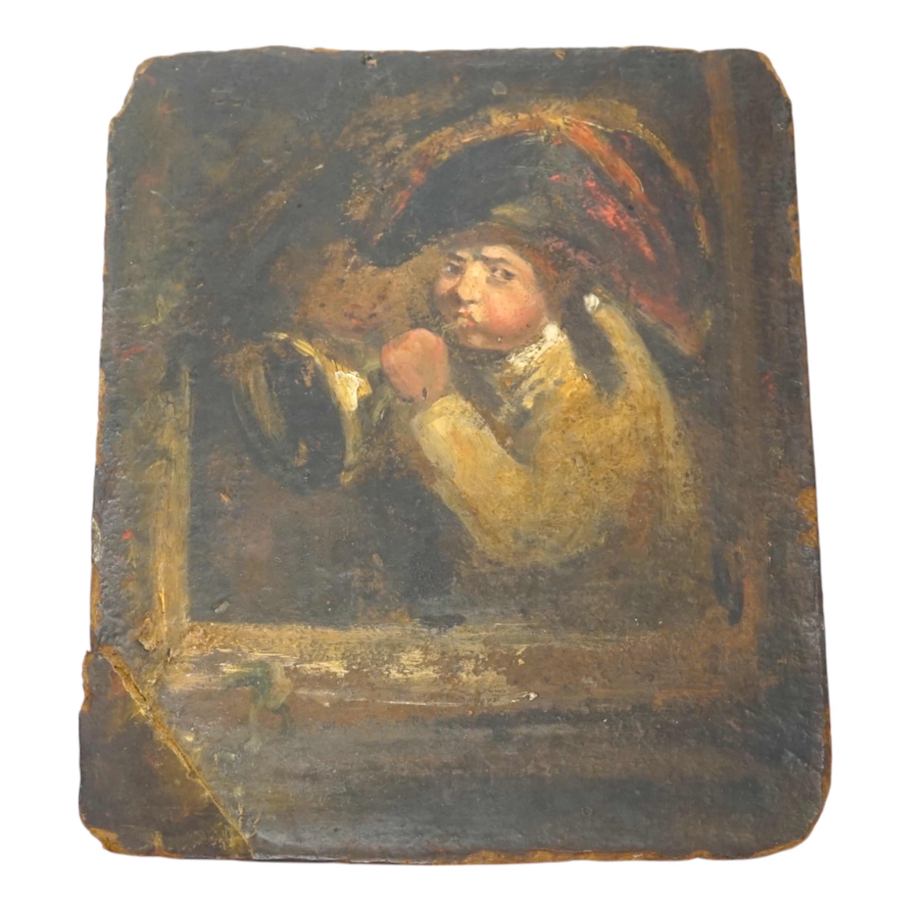 19th century oil on board, study of a figure playing a trumpet, unsigned, 18 x 15.5cm. Condition - poor